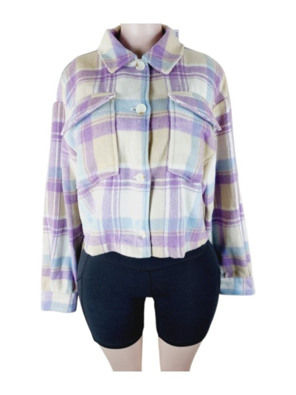 For The Republic Women's Neutral Purple Blue Plaid Button-Front Shacket Size L